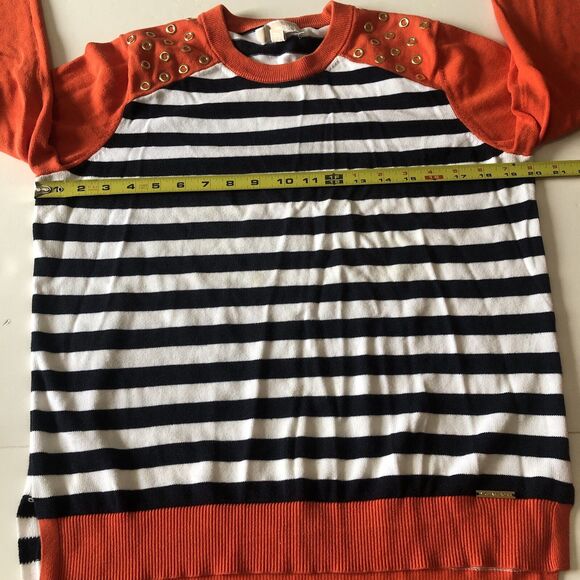 MICHAEL Michael Kors Women Sweater Orange Navy White Stripe Gold Grommets Large - Picture 4 of 16